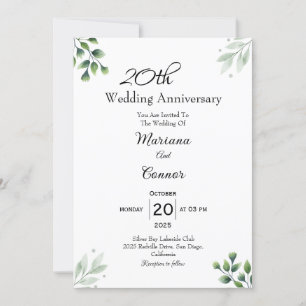 Convite Padrão 'Folha Verde' 20º Aniversário de Casamento 