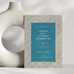 Convite Padrão Foliar de Borda do Teal Blue Medallion<br><div class="desc">Um painel central ousado se destaca contra um padrão de medalhão vibrante e inspirado na safra em vermelho, turquesa e amarelo. O design é brilhante, brincalhão e perfeito para celebrações de marco como um aniversário de 30 anos. Este convite dá o tom para uma festa divertida e na moda cheia...</div>