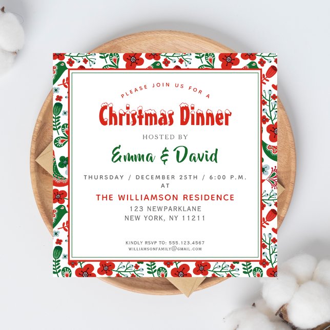 Convite Padrão Folkart escandinavo com Natal de Aves (Criador carregado)