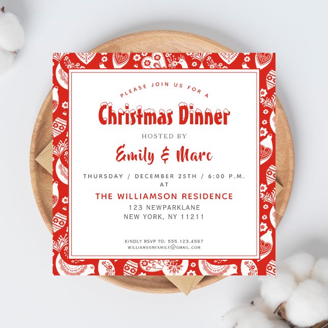 Convite Padrão Folkart Vermelho Escandinavo com Pássaros N (Criador carregado)