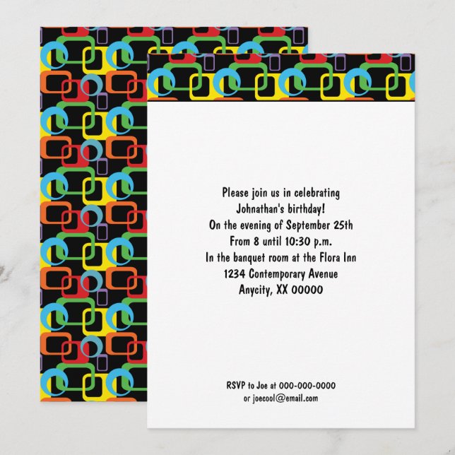 Convite Padrão Geométrico Retro Multicolorido de Aniversár (Frente/Verso)
