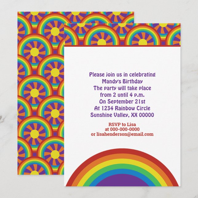 Convite Padrão Gráfico de Arco-Íris e Sol Estilo Anos Sete (Frente/Verso)