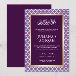 Convite Padrão Islâmico Quatrefoil Marroquino Roxo Aqiqah
