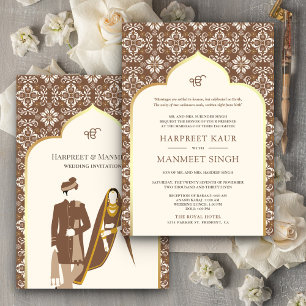 Convite Padrão Marrom de Marfim Anand Karaj Casamento Sikh