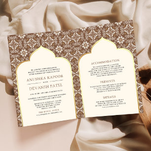 Convite Padrão Marrom de Marfim Tudo em Um Casamento India