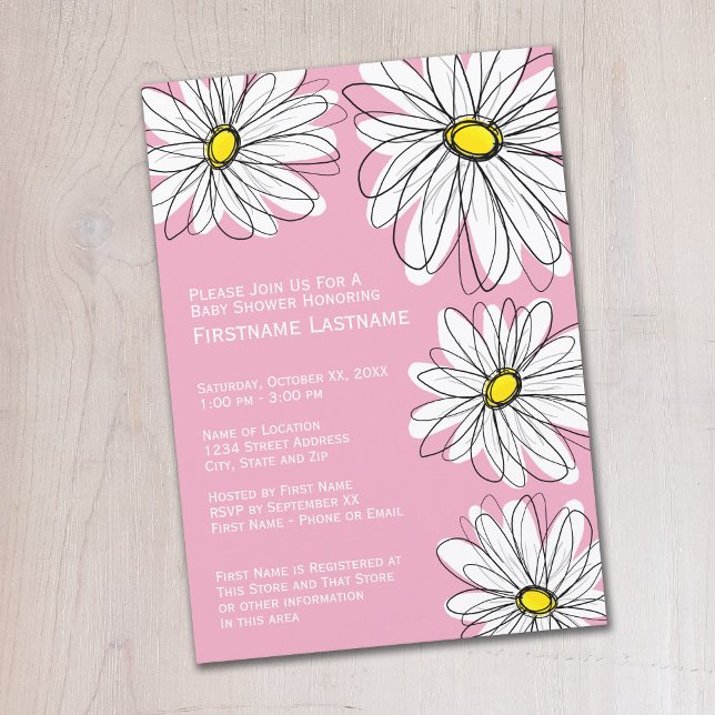 Convite Padrão moderno de Chevron e Chá de Garota-Bebê (Whimsical Daisy Baby Shower Invitation - Pastel Pink)