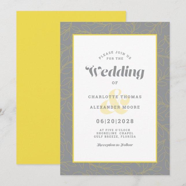 Convite Padrão Moderno de Folhas Abstratas em Cinza e Amar (Frente/Verso)