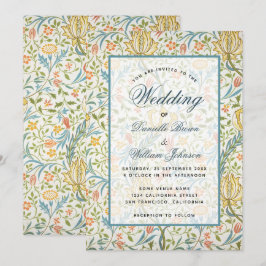 Convite Padrão Morris Floral de Casamento, Script Elegante