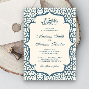 Convite Padrão Persa Creme e Azul Casamento Muçulmano