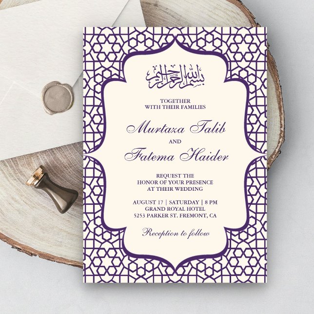 Convite Padrão Persa Creme e Roxo Casamento Muçulmano (Criador carregado)