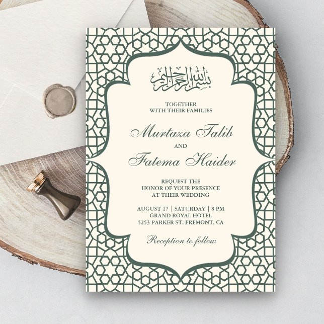 Convite Padrão Persa Creme e Verde Casamento Muçulmano (Criador carregado)