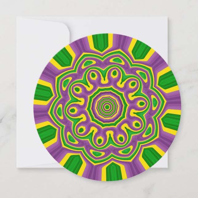 Convite Padrão Púrpura Amarelo Verde Mardi Gras Mandala (Frente)