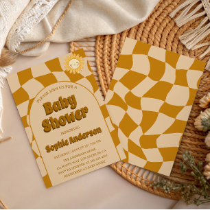 Convite Padrão Retro Ondulado Boho Girassol Chá de Bebê