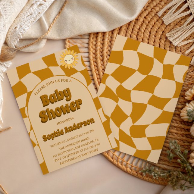 Convite Padrão Retro Ondulado Boho Girassol Chá de Bebê (Criador carregado)