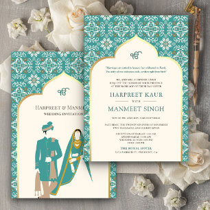 Convite Padrão Teal de Marfim Anand Karaj Casamento Sikh