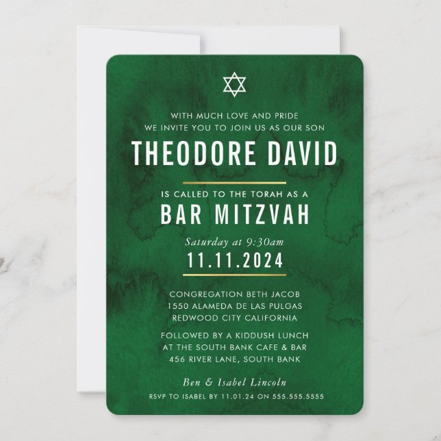 Convite Padrão verde rico MODERNO BAR MITZVAH simples (Frente)