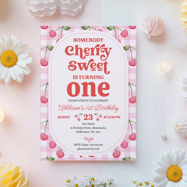 Convite Padrão Vermelho Alguém Cereja Doce Aniversário (Somebody Cherry Sweet Birthday Invitation Template, Retro Cherry Themed Birthday Invitation For Girl)