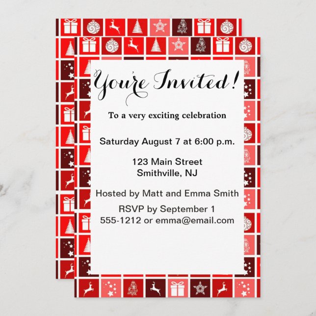 Convite Padrão Vermelho de Férias de Natal (Frente/Verso)