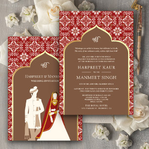 Convite Padrão Vermelho Marfim Marrom Anand Karaj Casament