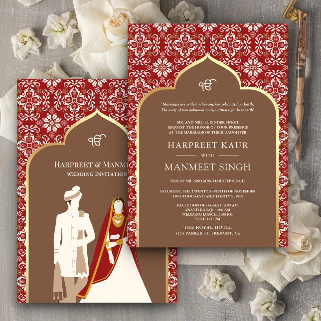 Convite Padrão Vermelho Marfim Marrom Anand Karaj Casament (Criador carregado)