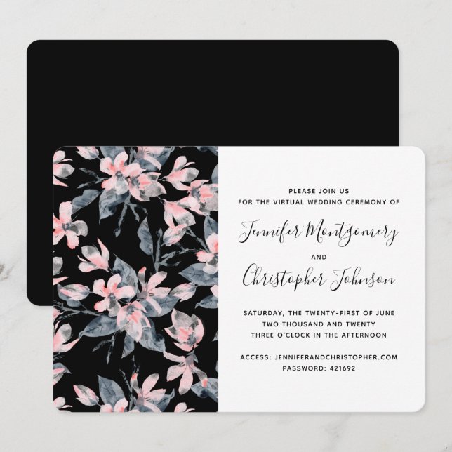 Convite Padrão Virtual de Aquarela Floral Rosa e Cinza (Frente/Verso)