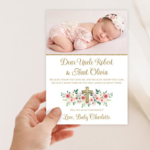 Convite Padrinho de Batismo Menina Cruz Floral Aquarela