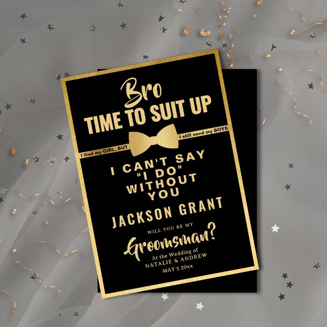 Convite Padrinho de casamento para Cima de Tuxedo Preto e  (Modern Black & Gold Tuxedo Suit Up Groomsman Invitation)