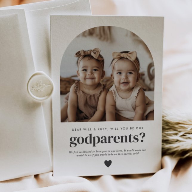 Convite Padrinhos Proposta de Foto Arqueada Menina Gêmeas (Zazzle Godparents Arched Photo Proposal Girl Twins)