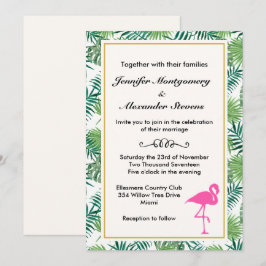 Convite Padrões de Folhas Tropicais e Casamento Flamingo R