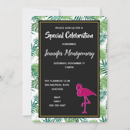 Convite Padrões de Folhas Tropicais e Partido Flamingo Ros