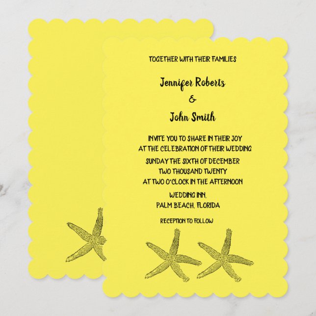 Convite Padrões de Starfish Casamento Colorido Amarelo Pre (Frente/Verso)