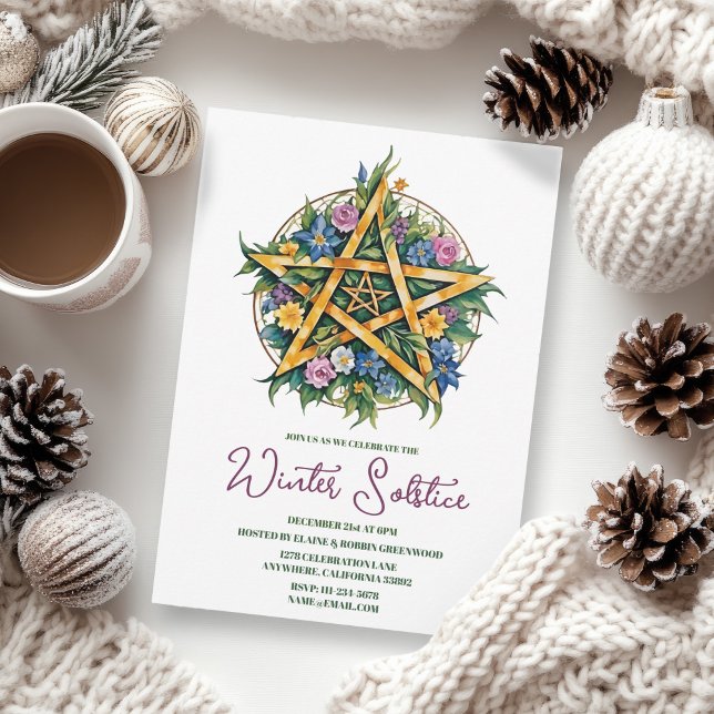 Convite Pagan Floral Yule Pentacle Solstce de inverno (Winter Solstice Floral Yule Pentacle Pagan Invitation)
