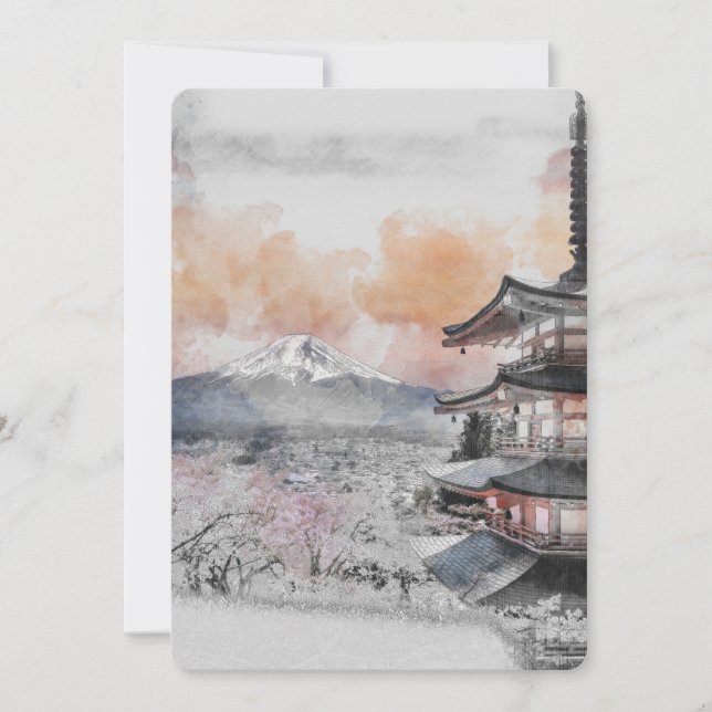 Convite Pagode Japonesa em Aquarela & Mt. Fuji (Frente)