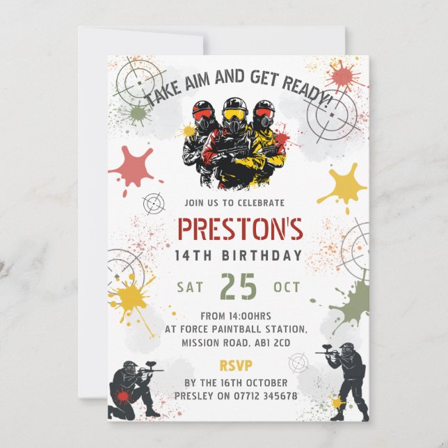 Convite Paintball Birthday Invitation Take Aim & Get Ready (Frente)