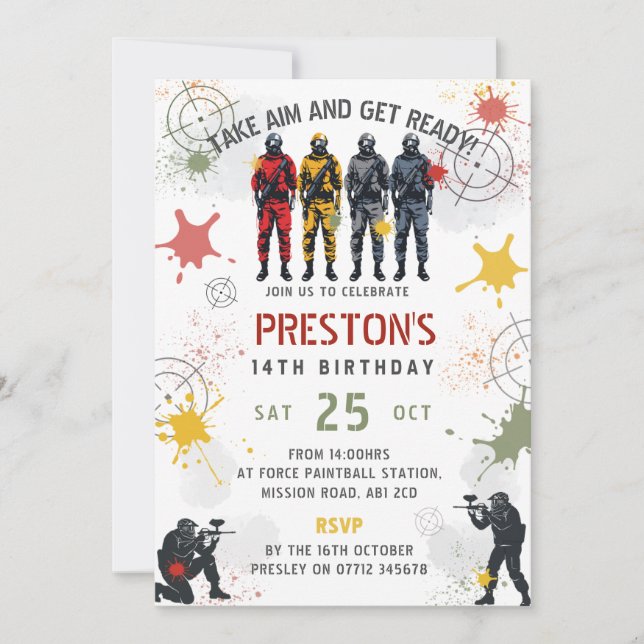 Convite Paintball Birthday Invitation Take Aim & Get Ready (Frente)
