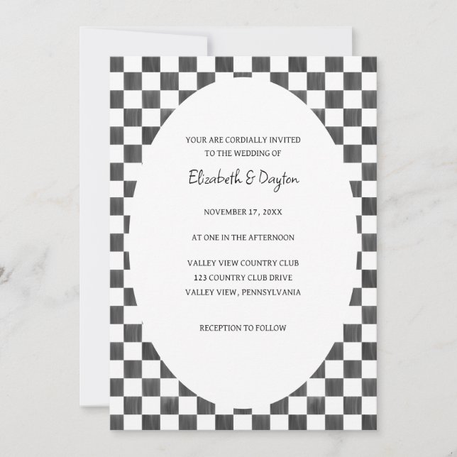 Convite Painted Black and White Check Pattern Wedding (Frente)
