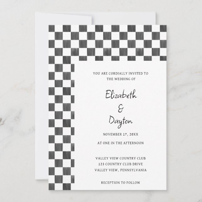 Convite Painted Black and White Check Pattern Wedding (Frente)