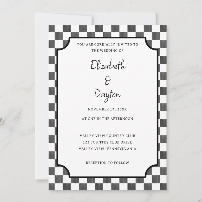Convite Painted Black Checkerboard Pattern Wedding (Frente)