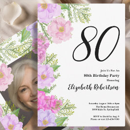 Convite Painted Flower Custom Photo Template 80th Birthday
