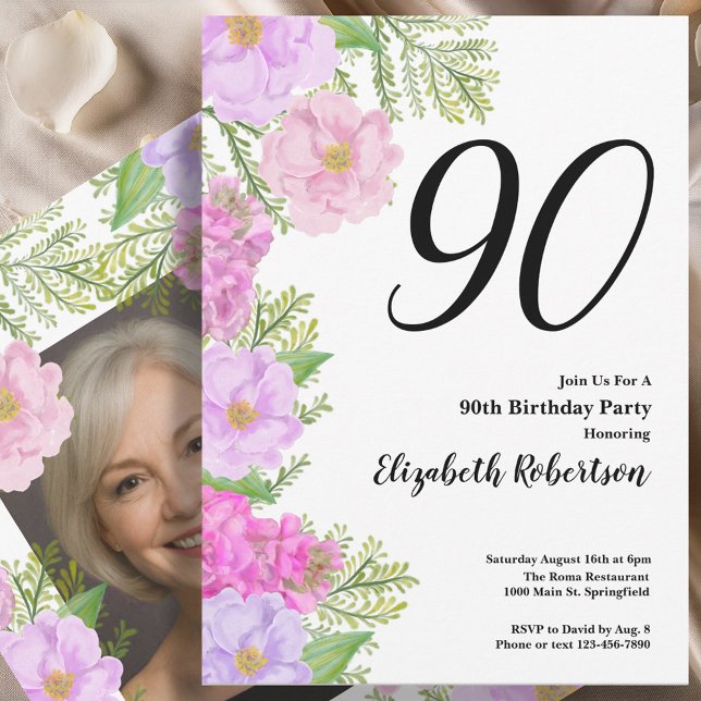 Convite Painted Flower Custom Photo Template 90th Birthday (Criador carregado)