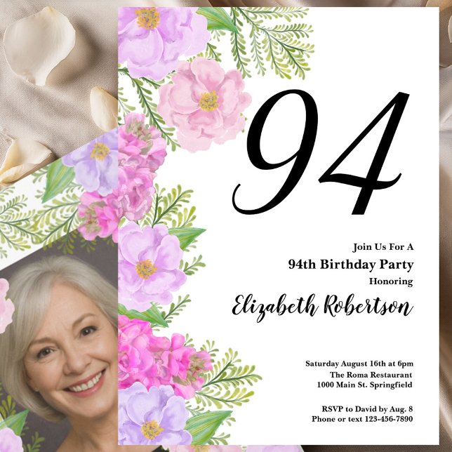 Convite Painted Flower Custom Photo Template 94th Birthday (Criador carregado)