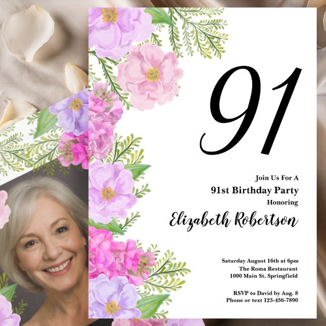 Convite Painted Flower Custom Photo Template 94th Birthday (Criador carregado)