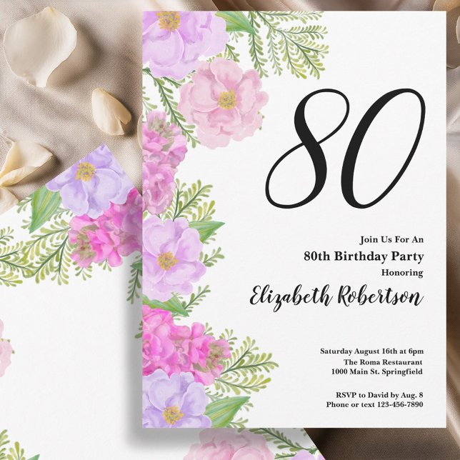 Convite Painted Flowers and Ferns 80th Birthday Invitation (Criador carregado)