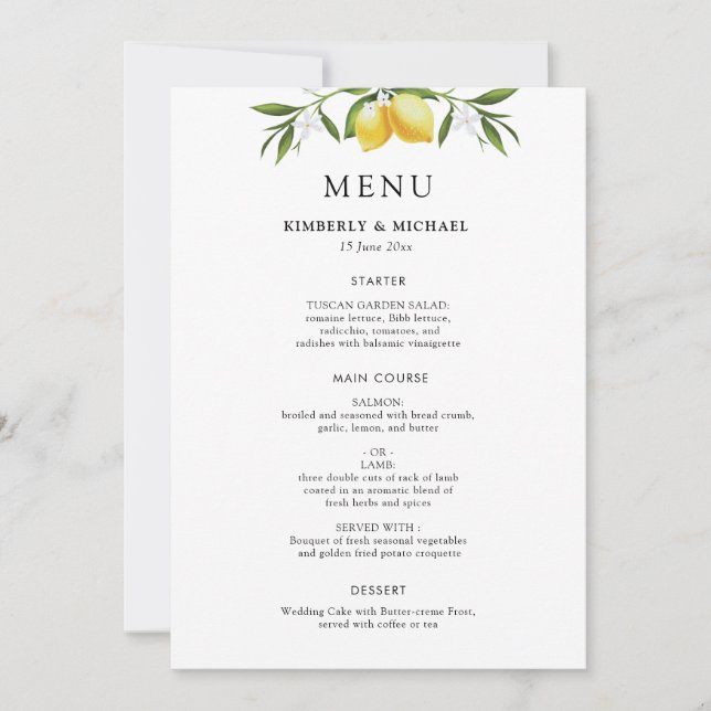 Convite Painted lemons greenery foliage wedding menu (Frente)