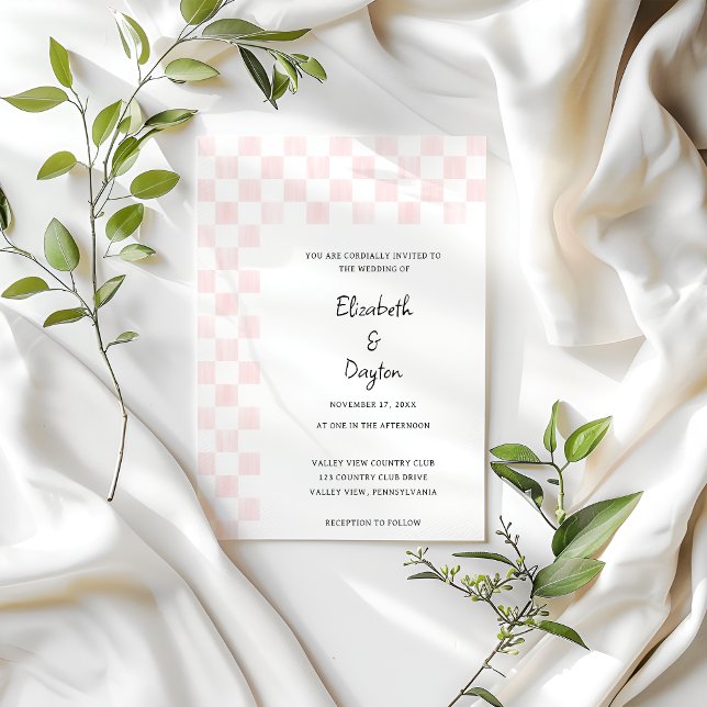 Convite Painted Pink Checkerboard Pattern Wedding (Criador carregado)