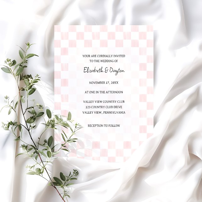 Convite Painted Pink Checkerboard Pattern Wedding (Criador carregado)