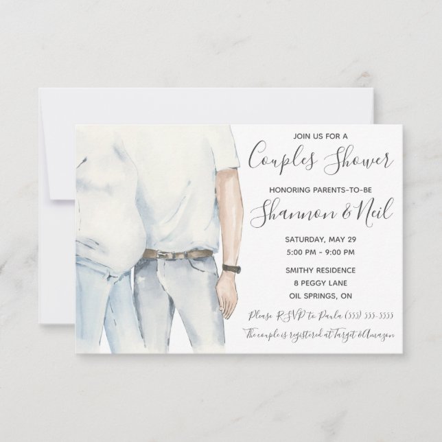 Convite Pais de aquarela a serem Chás de fraldas Casais (Frente)