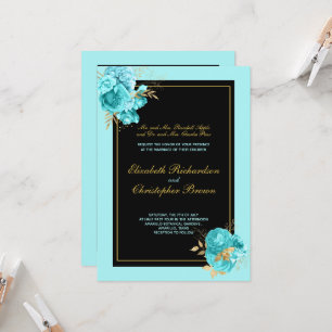Convite Pais de Noiva Floral Dourado Preto Azul Turquesa E