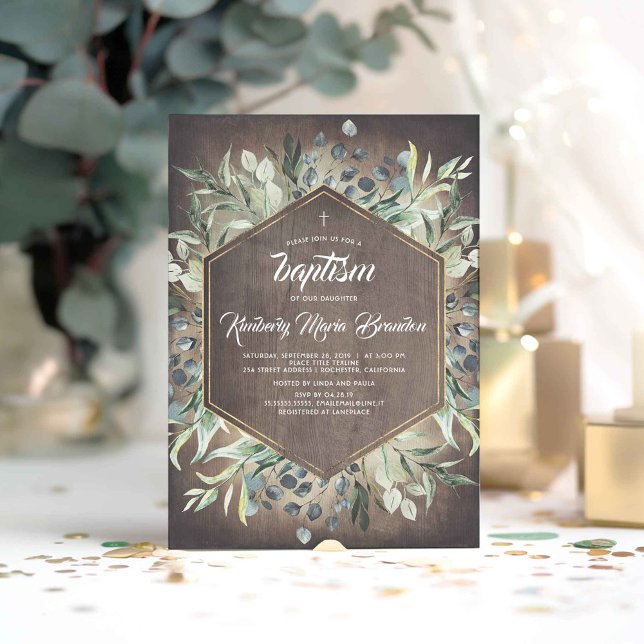 Convite País Russo | Batismo do Jardim Verde Natural (Greenery Rustic Barn Wood Baptism Invitations)