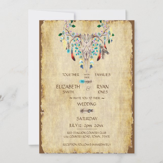 Convite País Rústico, Crânio de Veado, Penas, Casamento   (Frente)